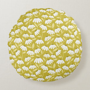 Floral Daisies Pattern Dark Gold & Olive Green Round Pillow