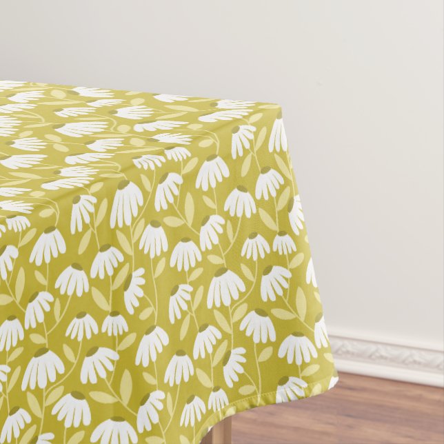 Floral Daisies Pattern Dark Gold & Olive Green Tablecloth (In Situ)