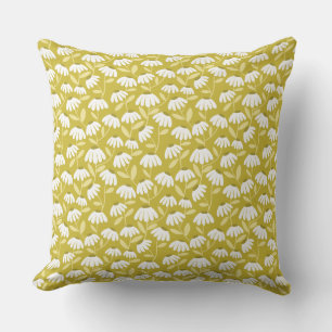 Floral Daisies Pattern Dark Gold & Olive Green Throw Pillow