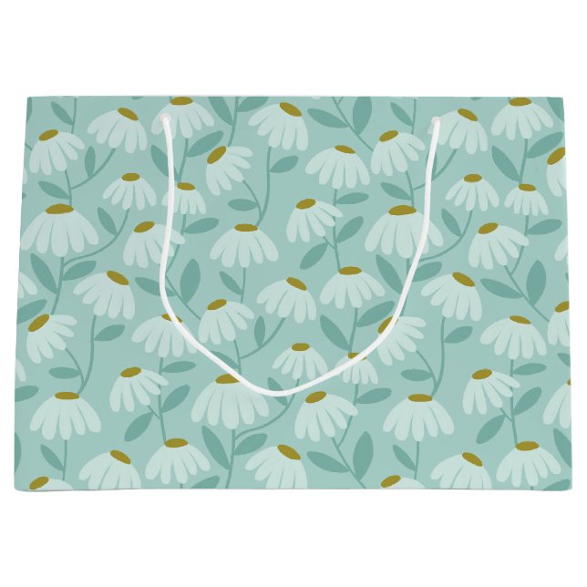 Floral Daisies Pattern Teal Blue & Olive Green Large Gift Bag (Front)