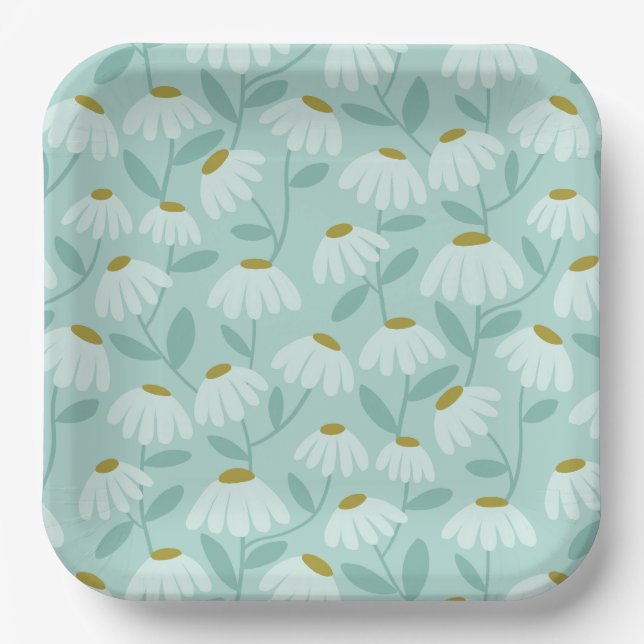 Floral Daisies Pattern Teal Blue & Olive Green Paper Plate (Front)