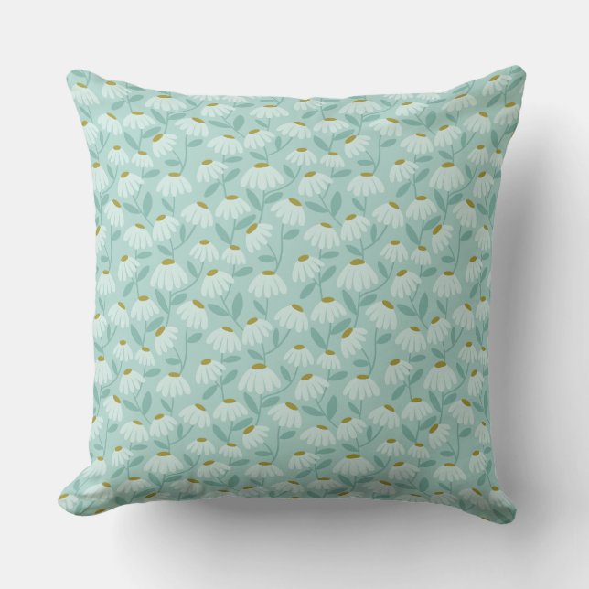 Floral Daisies Pattern Teal Blue & Olive Green Throw Pillow (Front)