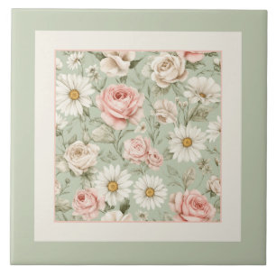 Floral Daisies Roses Watercolor Sage Green Tile