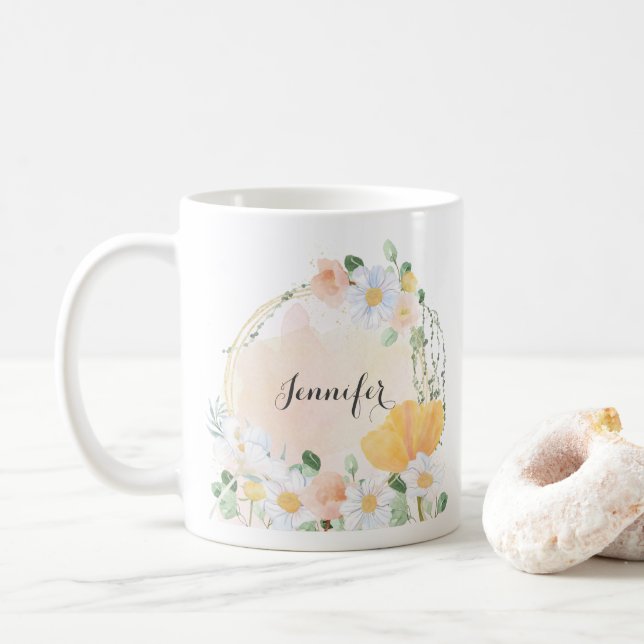 Floral Daisy and Tulips Personalized Mug  (With Donut)