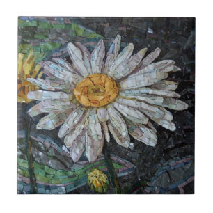 Floral Daisy Art Collage Blue Green Tile