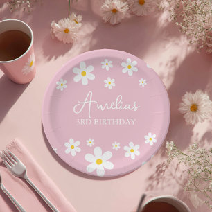 Floral Daisy Birthday Pink Paper Plate