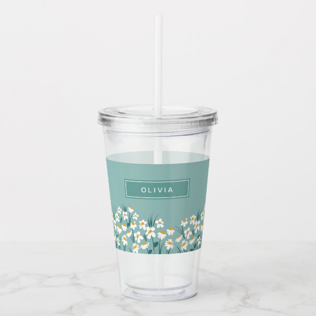 Floral daisy modern personalized cute elegant blue acrylic tumbler (Front)