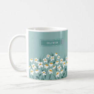 Floral daisy modern personalized cute elegant blue coffee mug