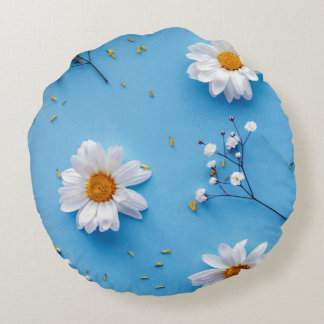 Floral Daisy Pattern - Light Blue Round Pillow