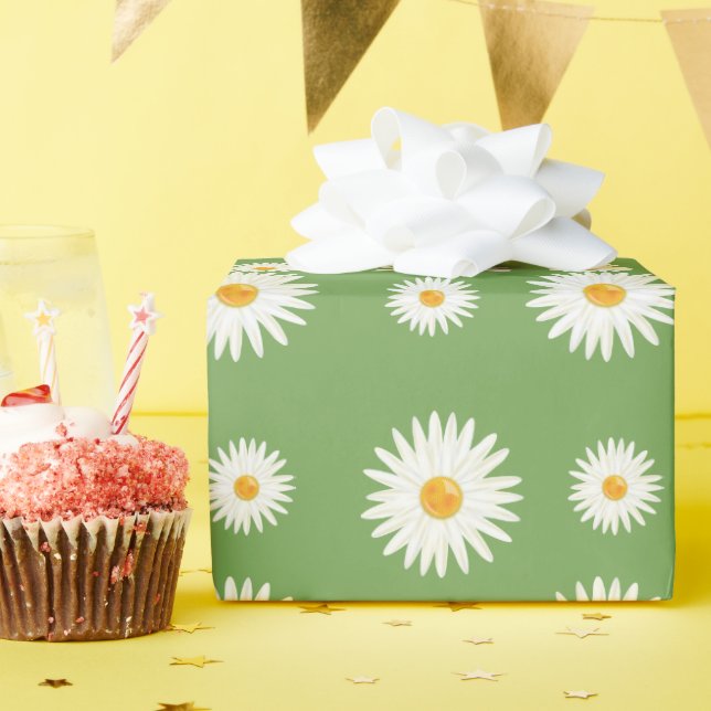 Floral Daisy Pattern On Green Colour Wrapping Paper (Birthday Party)