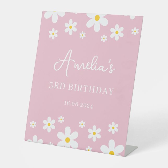 Floral Daisy Pink Birthday Party Pedestal Sign (Front)