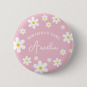 Floral Daisy Pink Girls Birthday Badge 2 Inch Round Button