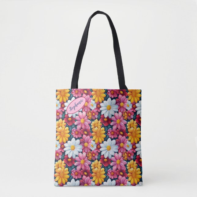 Floral Daisy Print Colourful Tote Bag (Front)