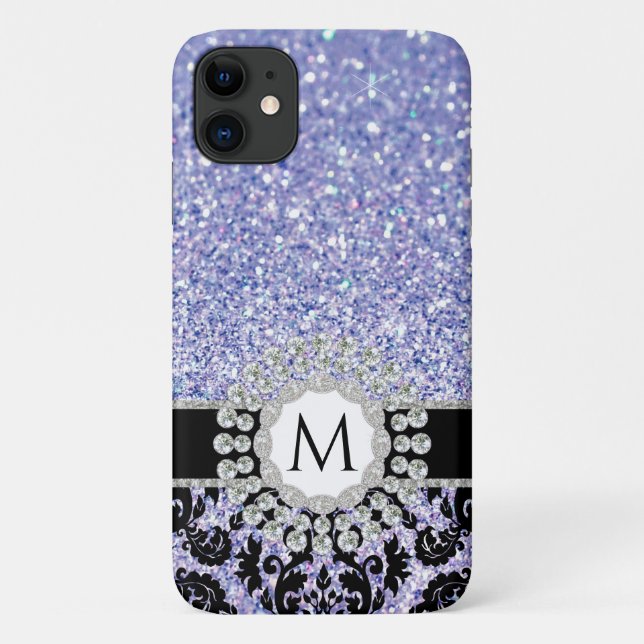 Floral Damask Bling Glitter Blue Silver Monogram Case-Mate iPhone Case (Back)