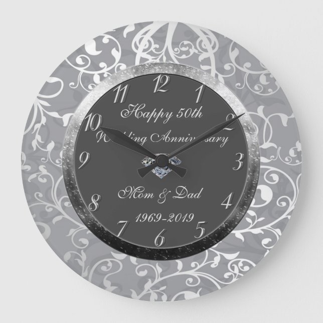 Floral Damask Diamond 50th Wedding Anniversary Large Clock (Front)