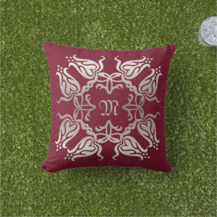 floral damask golden element.monogram. outdoor pillow