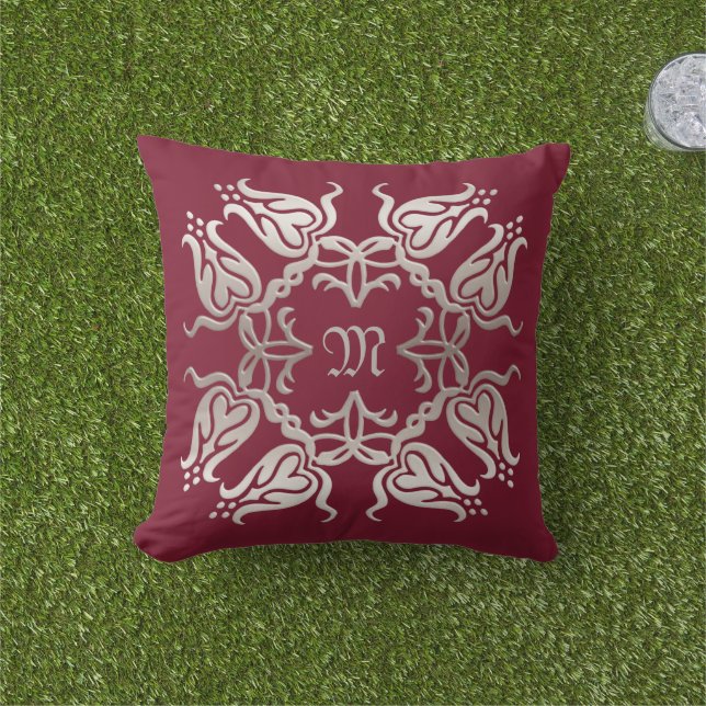 floral damask golden element.monogram. outdoor pillow (Grass)