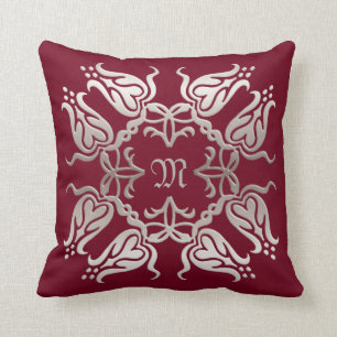 floral damask golden element.monogram. throw pillow