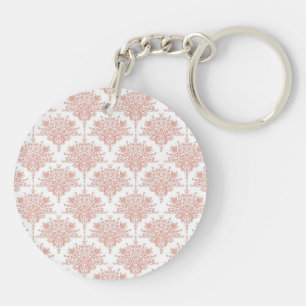 Floral Damask in Coral and White Keychain