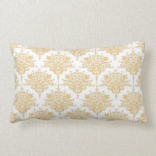 Floral Damask in Yellow Gold and White Lumbar Pillow