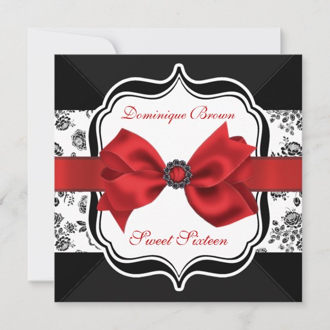 Floral Damask Invite with Red Bow (Front)