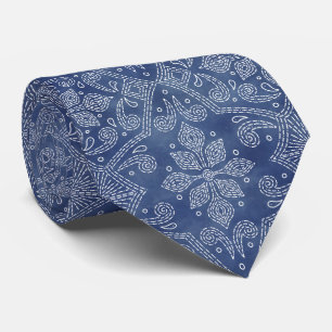 Floral Damask Line Art on Denim Blue Tie