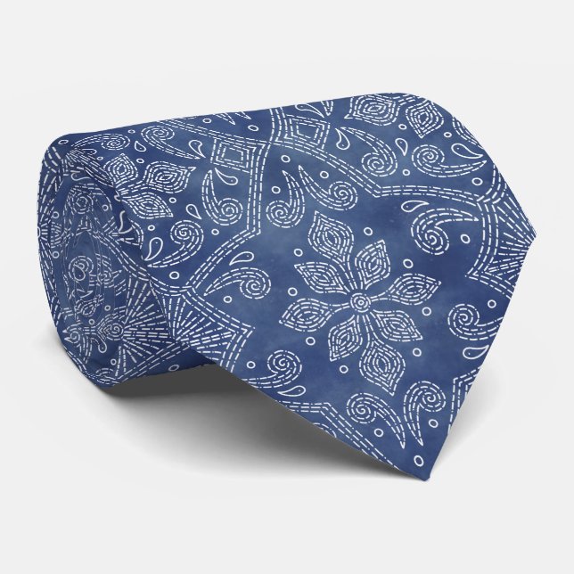 Floral Damask Line Art on Denim Blue Tie (Rolled)