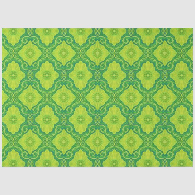 Floral Damask Pattern Green Lemon Yellow Flowers Tissue Paper (Front)