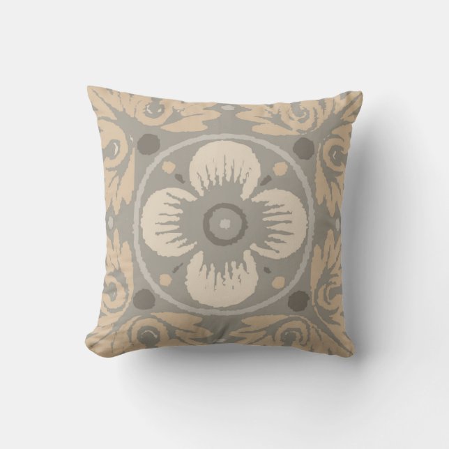 Floral Damask Pattern Pillow in Grey, Tan & Beige (Front)