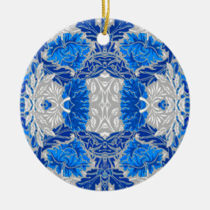 Floral Damask, Sapphire Blue and Grey  Ceramic Ornament