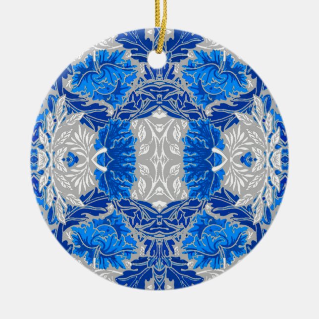 Floral Damask, Sapphire Blue and Grey  Ceramic Ornament (Front)