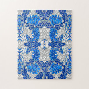 Floral Damask, Sapphire Blue and Grey  Jigsaw Puzzle