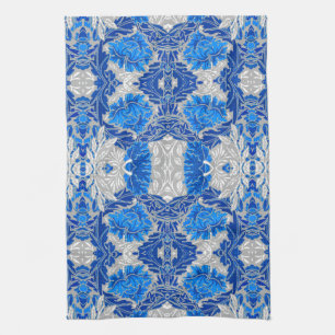 Floral Damask, Sapphire Blue and Grey  Kitchen Towel