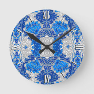 Floral Damask, Sapphire Blue and Grey Round Clock