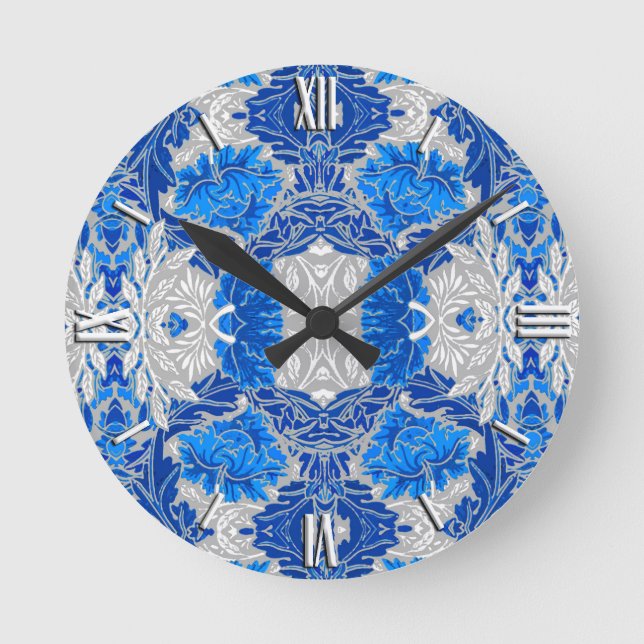 Floral Damask, Sapphire Blue and Grey  Round Clock (Front)