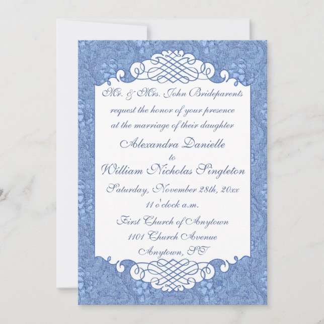 Floral Damask & Scrolls Blue Wedding Invitation (Front)