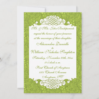 Floral Damask & Scrolls Green Wedding Invitation
