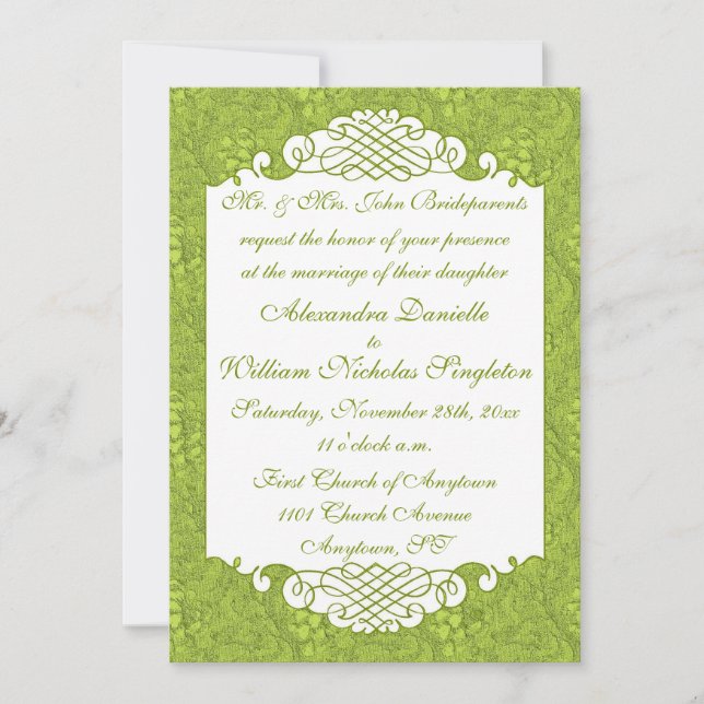 Floral Damask & Scrolls Green Wedding Invitation (Front)