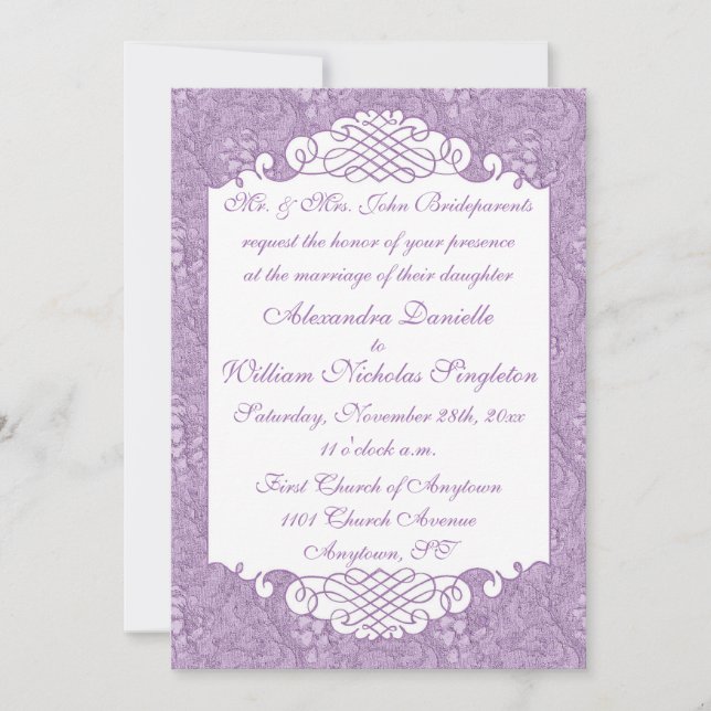Floral Damask & Scrolls Violet Wedding Invitation (Front)