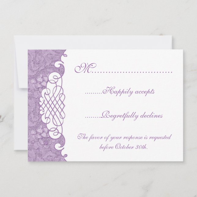Floral Damask & Scrolls Violet Wedding RSVP Card (Front)