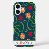    Floral Damask Sunflower Boho Navy Blue Folk Art