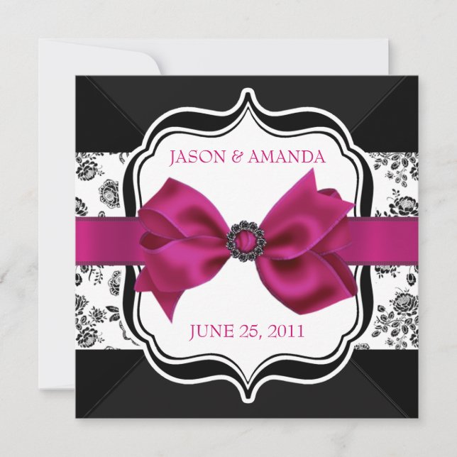 Floral Damask Wedding Invite with Bow (Front)