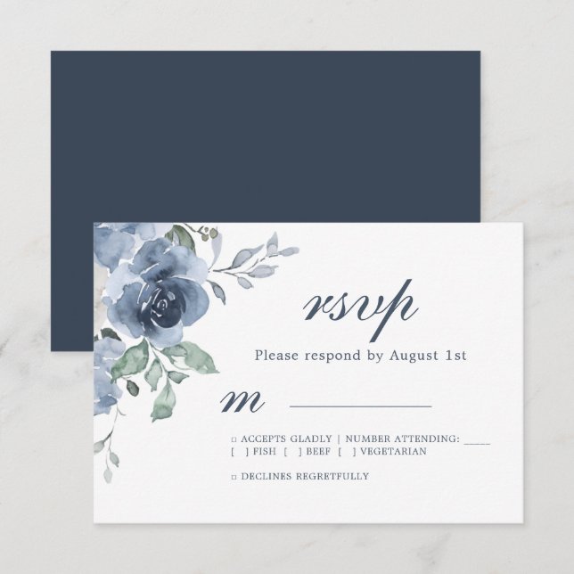 Floral Dark Blue Ivory Rose Wedding RSVP  (Front/Back)