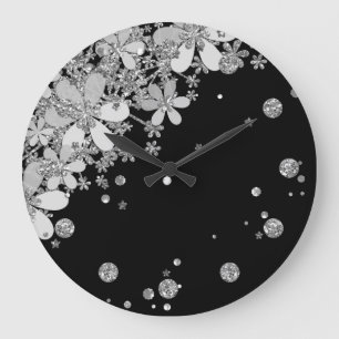 Floral dark flowers glitter silver elegant black g large clock