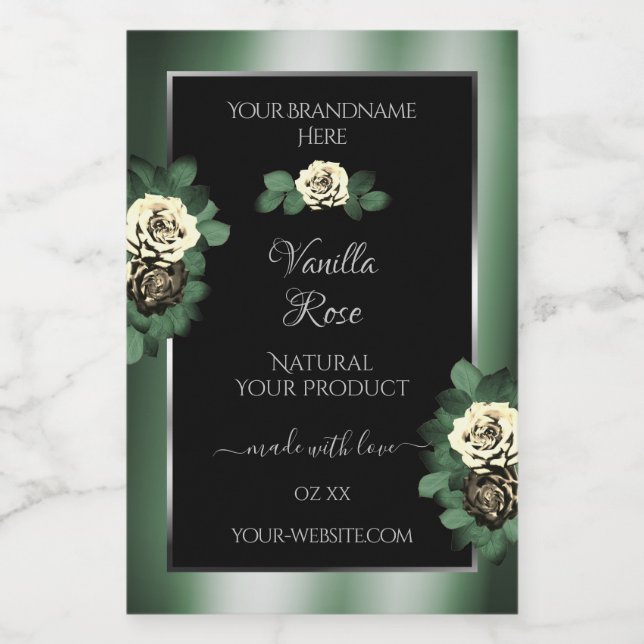 Floral Dark Green Black Product Labels Leafy Roses (Single Label)
