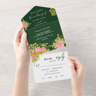 Floral Dark Green Wedding Botanic  All In One Invitation