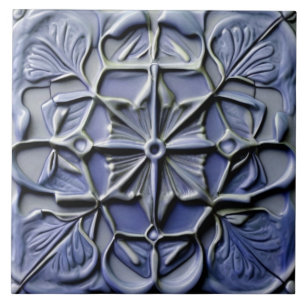 Floral Dark Indigo Blue Faux Relief Flower Cross Tile