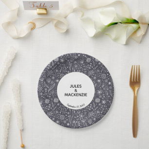 Floral Dark Monochrome Modern Wedding Paper Plate