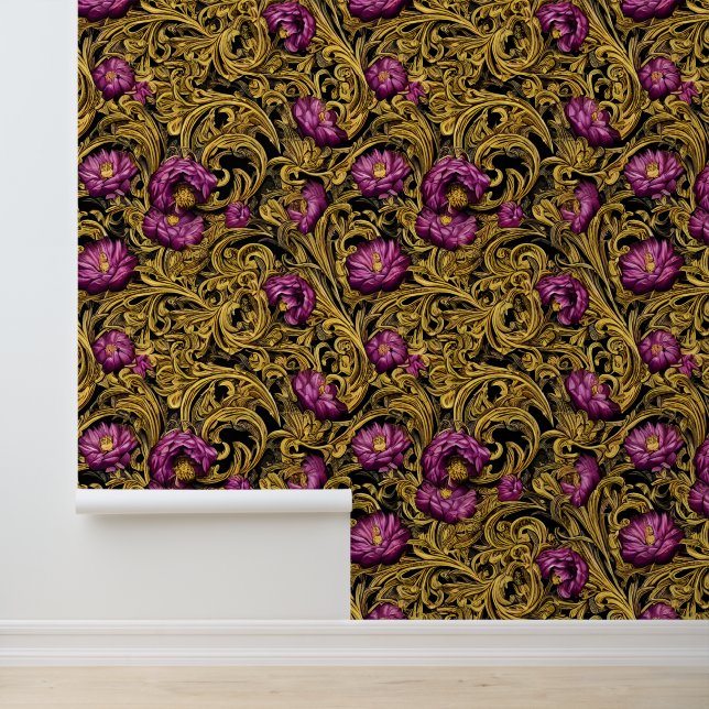 Floral dark moody purple flower Byzantine pattern Wallpaper (Application)