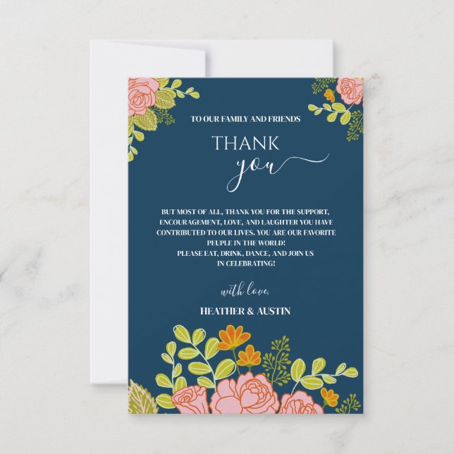 Floral Dark Navy Bleu Mariage Botanique Merci (Devant)